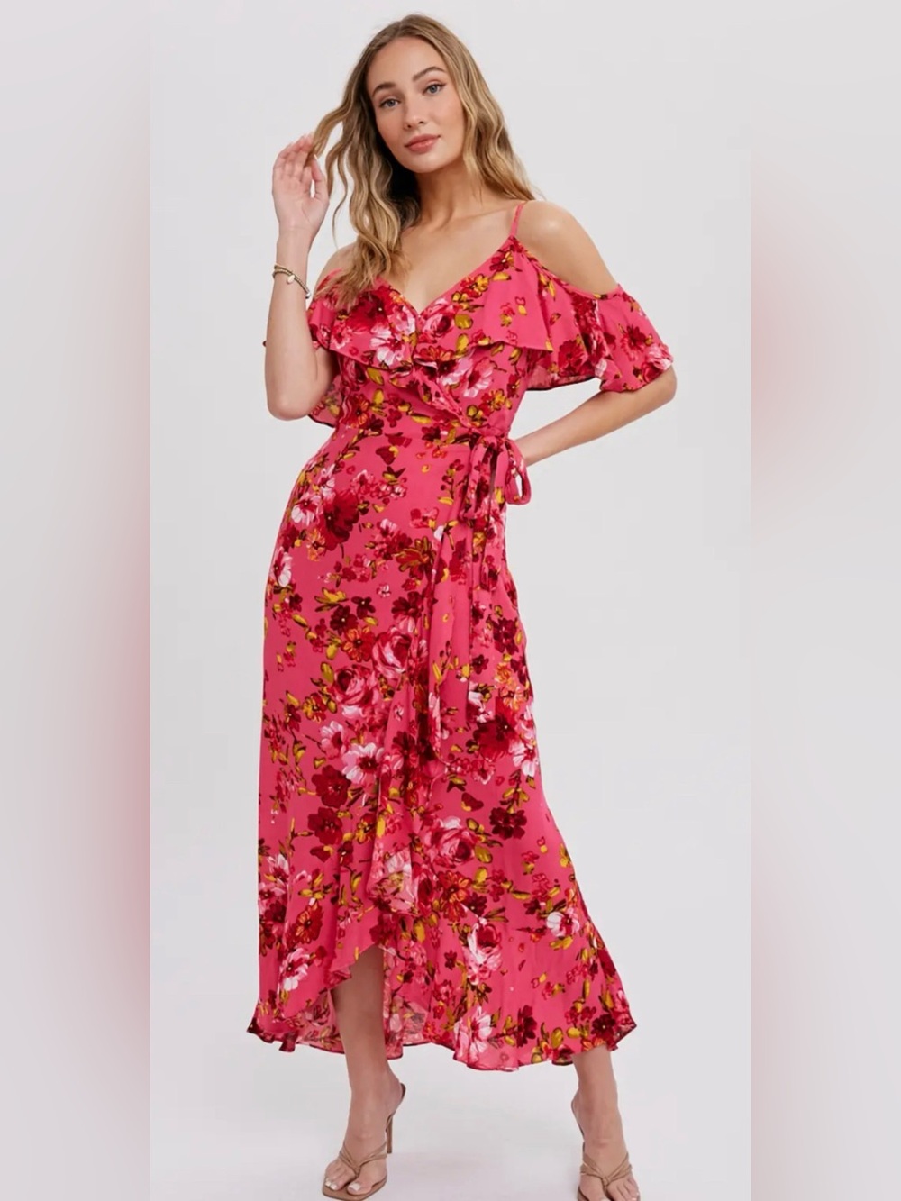 Floral Cold-Shoulder Coral Wrap Maxi Dress
